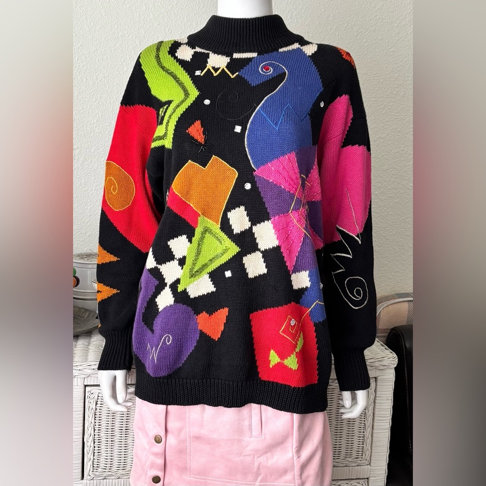 Vintage I.B. Diffusion 80’s Multicolor Abstract Sweater Black Cotton Ramie Sz. M